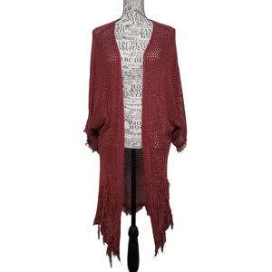 Dee Elly Burnt Orange Brown Crochet Cover Up Kimono Wrap Festival Fringe Small